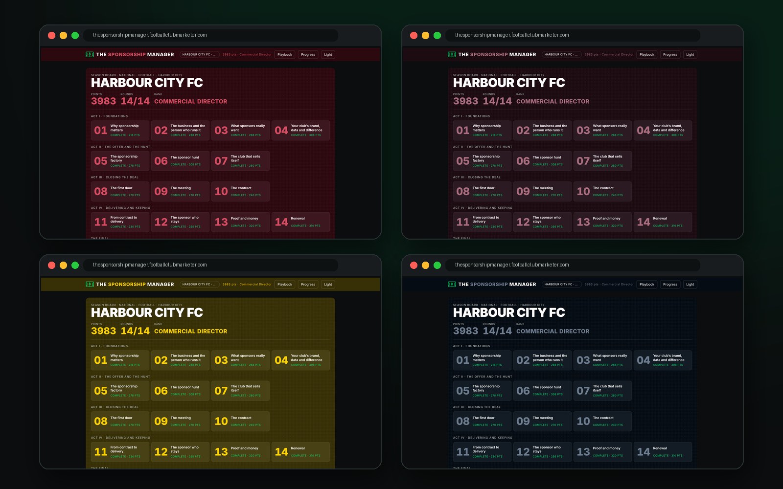 The game in four different club colours