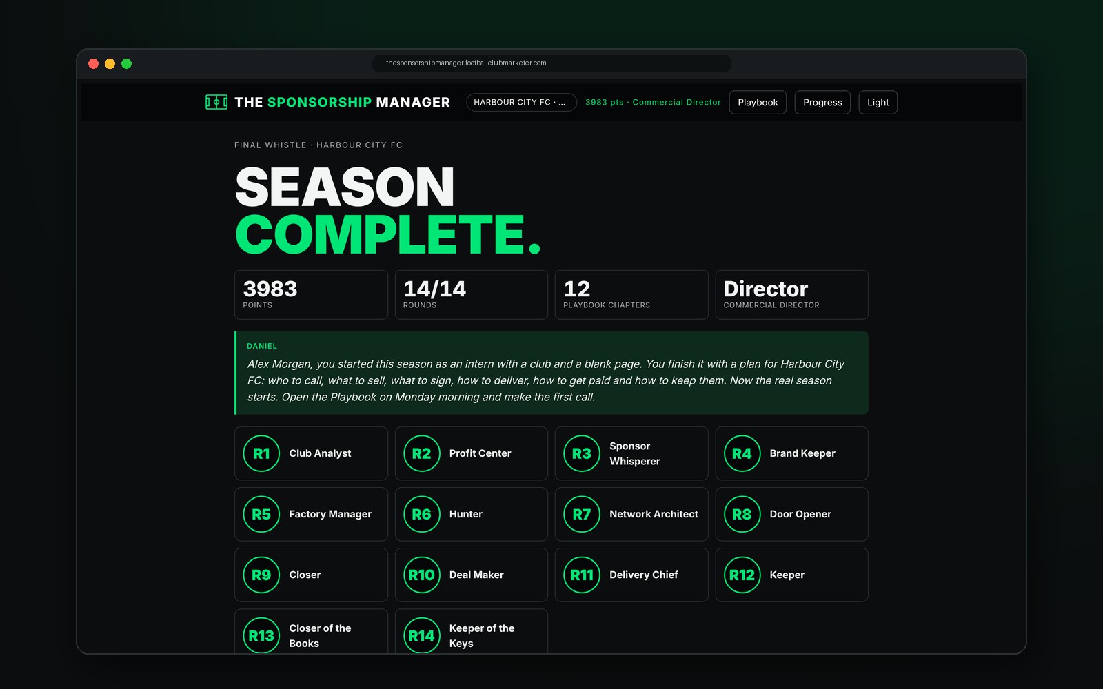 The season complete screen with 14 badges